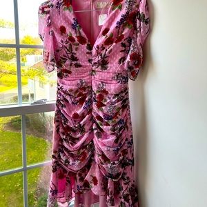 Pink midi rouched dress with roses, size Small